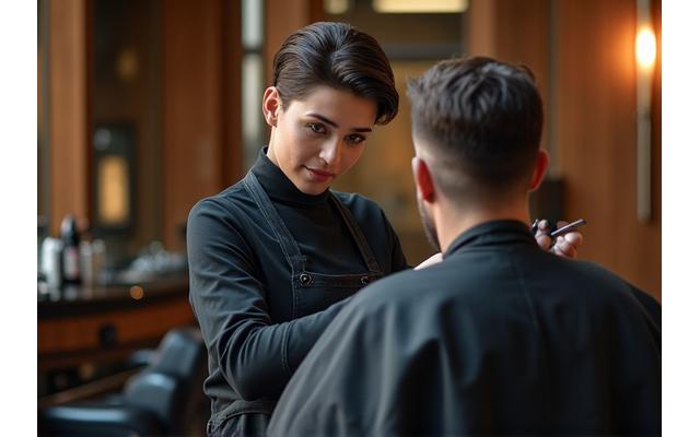 Anna Petrova, Senior Barber, expertly trimming a client's hair with focused intensity.