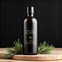 Bottle of organic shampoo with minimalist design, emphasizing natural ingredients.
