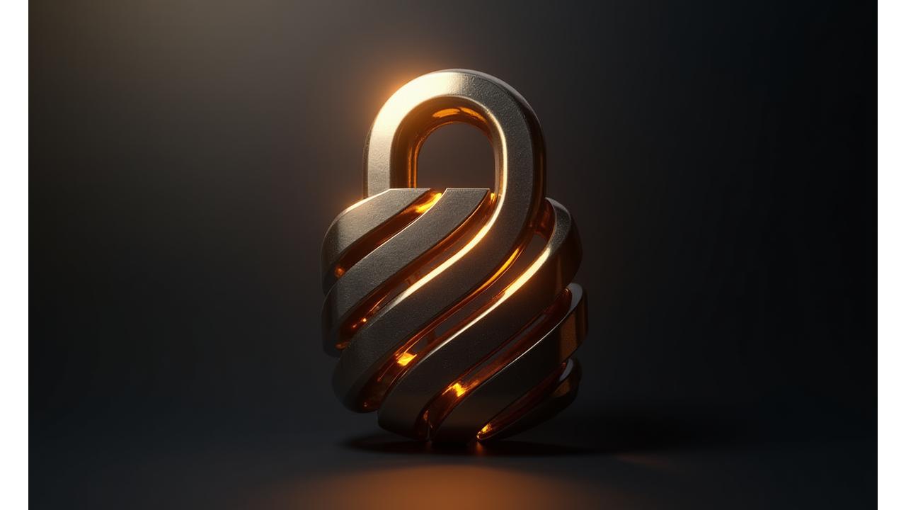 Stylized abstract image of a digital lock or shield, rendered with metallic gold and dark grey tones, symbolizing data protection and security.